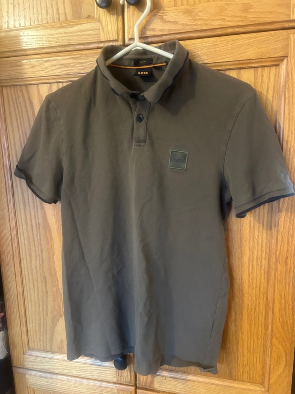 BOSS Olive Green Short Sleeve Slim Fit Polo with Logo Patch